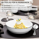 SÄNGER | Set de veselă Marlo cu margine neagră și albă, Set de veselă din porțelan cu 18 piese pentru 6 persoane, Alb cu accente negre, Farfurii de cină, Farfurii și boluri pentru desert, Design modern | COLECȚIA PREMIUM