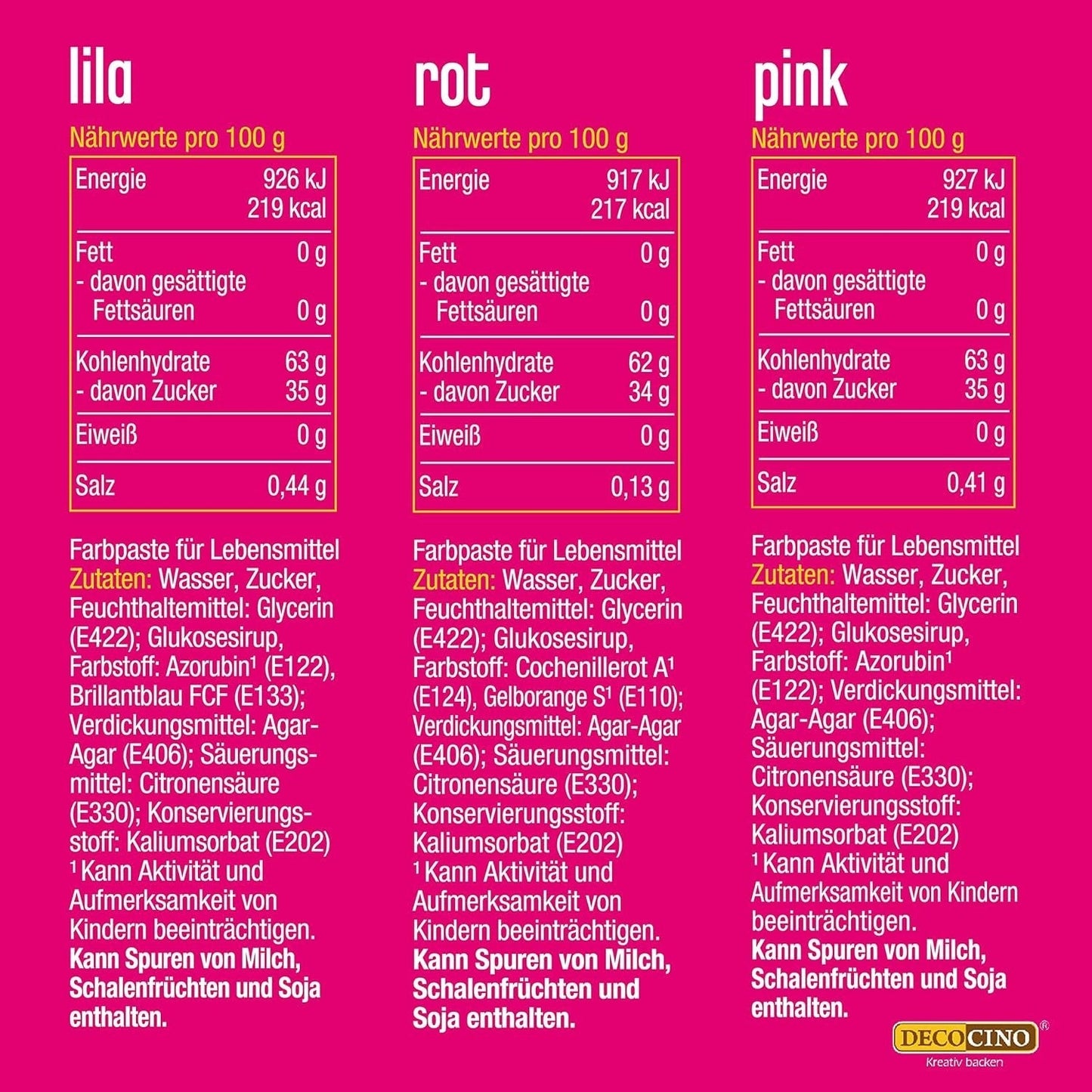 Set de coloranți alimentari Decocino Neon - 3 piese - Roșu, roz, violet - Colorant alimentar cu doză mare - Pentru colorarea prăjiturilor, brioșelor, cupcake-urilor - Fără gust
