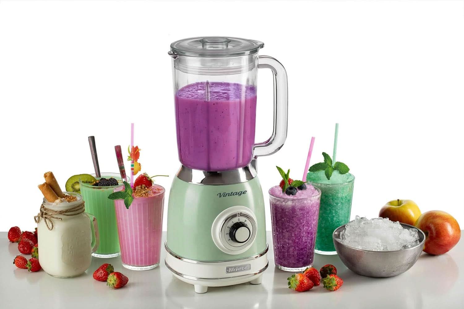 Ariete Vintage 583 Mixer Aus Glas, Retro Multifunktionsmixer Mit 4 Klingen, 4 Geschwindigkeiten + Pulse-Funktion, Ice-Crusher Funktion, 1,5 Liter Fassungsvermögen, 1000W, Grün Bucatarie Naty Shop