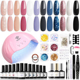 Modelones Set de 35 de bucăți pentru unghii cu gel, Set de ojă UV cu lampă 48W, Set de ojă gel maro nud alb roz, Set de ojă gel UV cu bază top coat Set studio unghii