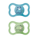 Suzete MAM Air din silicon, pachet de 2, design extra ușor și aerisit, suzetă pentru bebeluși prietenoasă cu dinții, fabricată din silicon special MAM SkinSoft, cu cutie pentru suzetă, 6-16 luni, Ursuleț/Rinocer