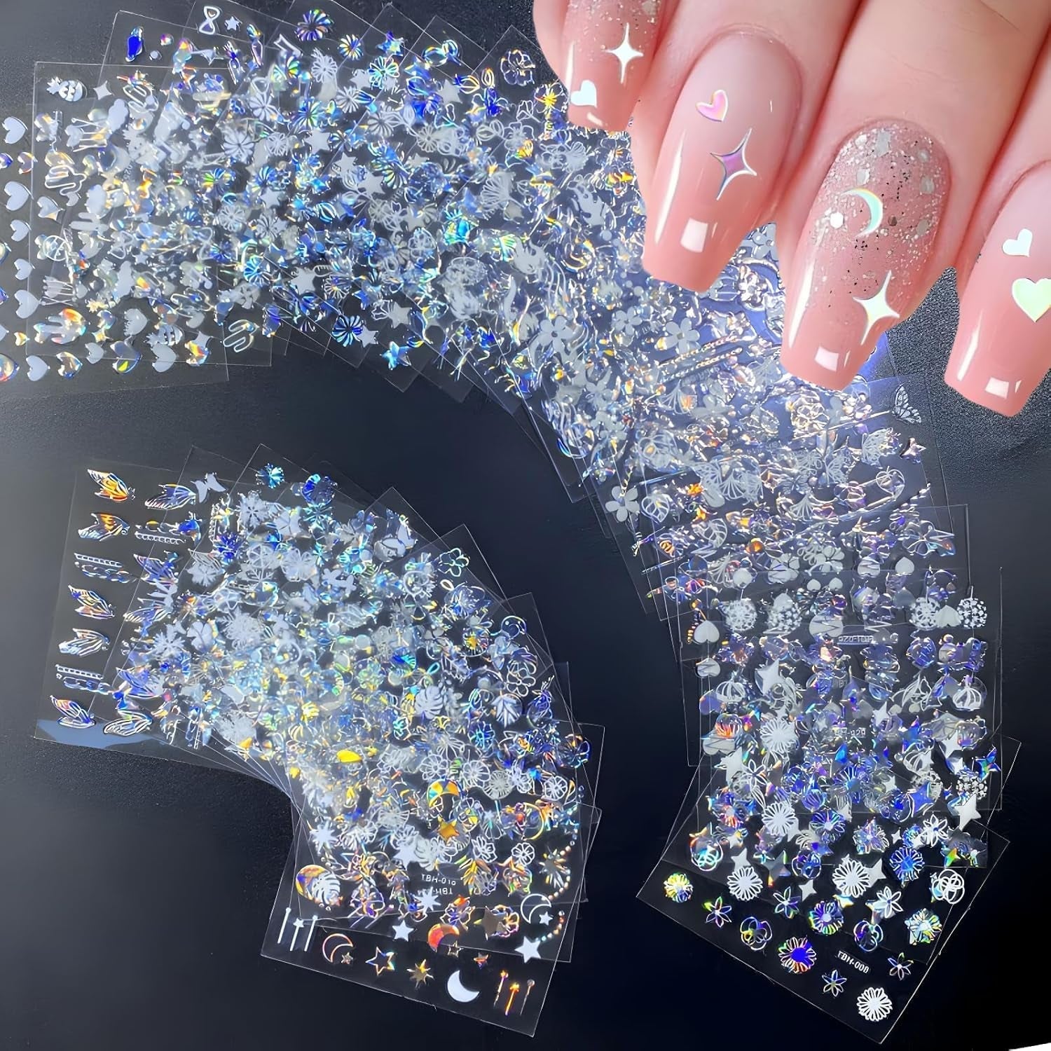 30 Blatt Aurora-Nagelkunst-Aufkleber, Selbstklebende 3D-Blumen-Nagelaufkleber, Aurora-Mond-Stern-Nagelaufkleber Für Nagelkunst, Blatt-Herz-Nageldesign Für Diy-Acrylnägel-Dekoration