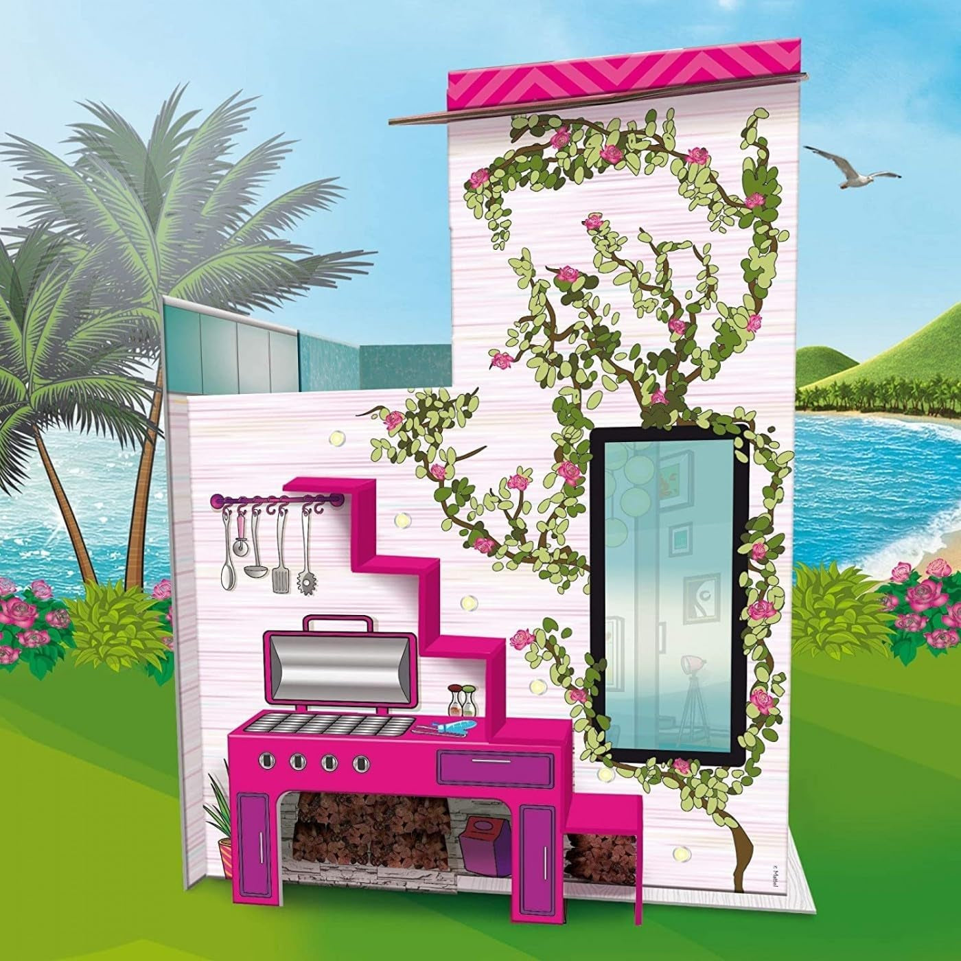 Lisciani - Casă de păpuși - Vila de vacanță Barbie cu păpușă - Joc fantastic - Casă din carton de asamblat și decorat - Timp liber creativ - Pentru fete de la 4 ani Casute de papusi Naty Shop
