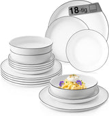 SÄNGER | Set de veselă Marlo cu margine neagră și albă, Set de veselă din porțelan cu 18 piese pentru 6 persoane, Alb cu accente negre, Farfurii de cină, Farfurii și boluri pentru desert, Design modern | COLECȚIA PREMIUM
