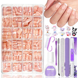 Set 420 de unghii false - Unghii tip balerina cu gel moale, acoperire completă, unghii artificiale cu gradient alb nud pentru lipire, unghii false pentru arta unghiilor (Ballerina White Nude)
