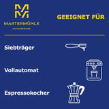 Boabe de espresso Martermühle Cioccolato 500g Tare | Arabica/Robusta | Arome: Nuci de macadamia, ciocolată cu lapte | Boabe de espresso întregi prăjite ușor, aciditate scăzută
