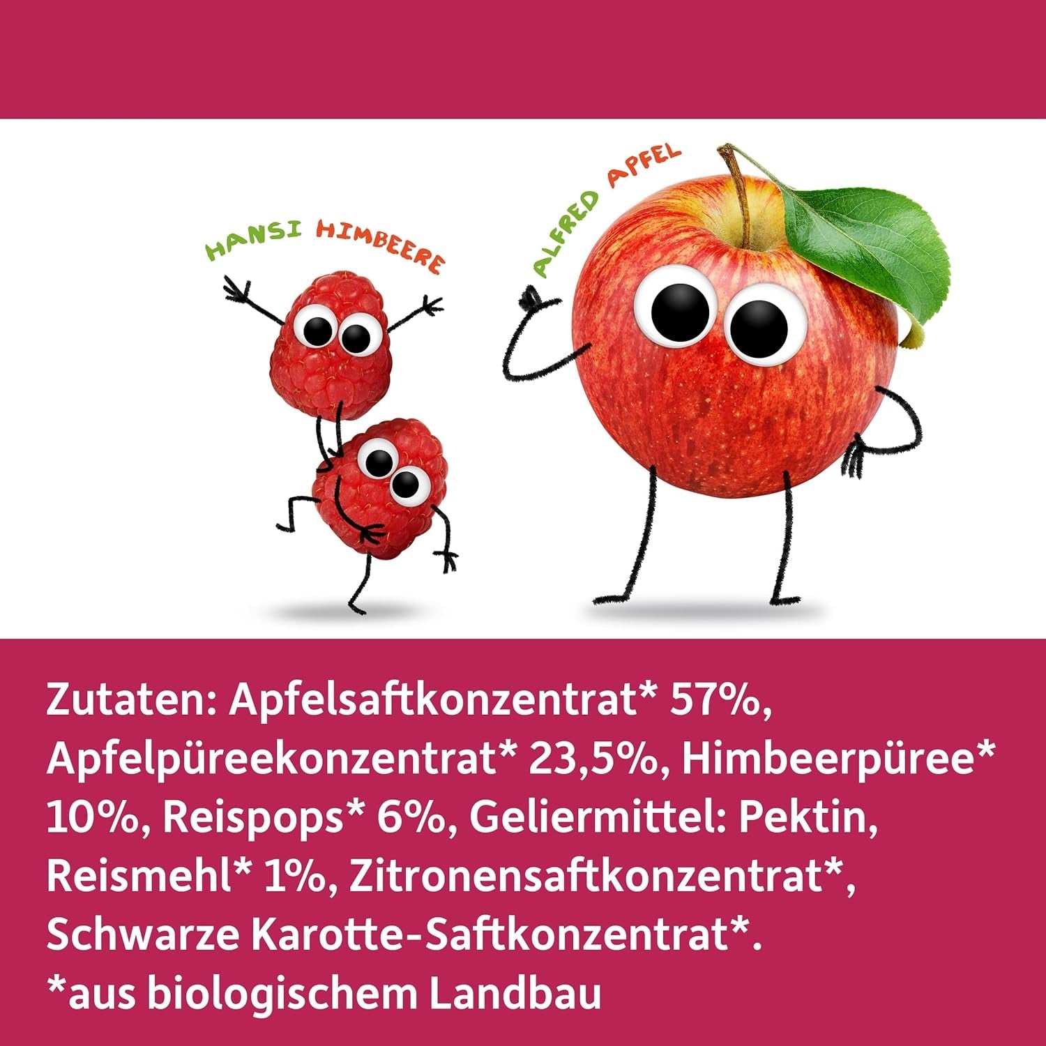 FRECHE FREUNDE Jeleuri organice cu fructe, măr, zmeură și acadele de orez, gustare dulce-fructată pentru copii, fără gluten, vegană, pachet de 20 (20 x 30g)
