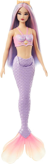 Păpușă sirenă Barbie cu păr fantezie în roz și lila cu bentiță, păpușă cu partea de sus din scoică și aripioară din coadă albastru lavanda, HRR06 Papusi Naty Shop