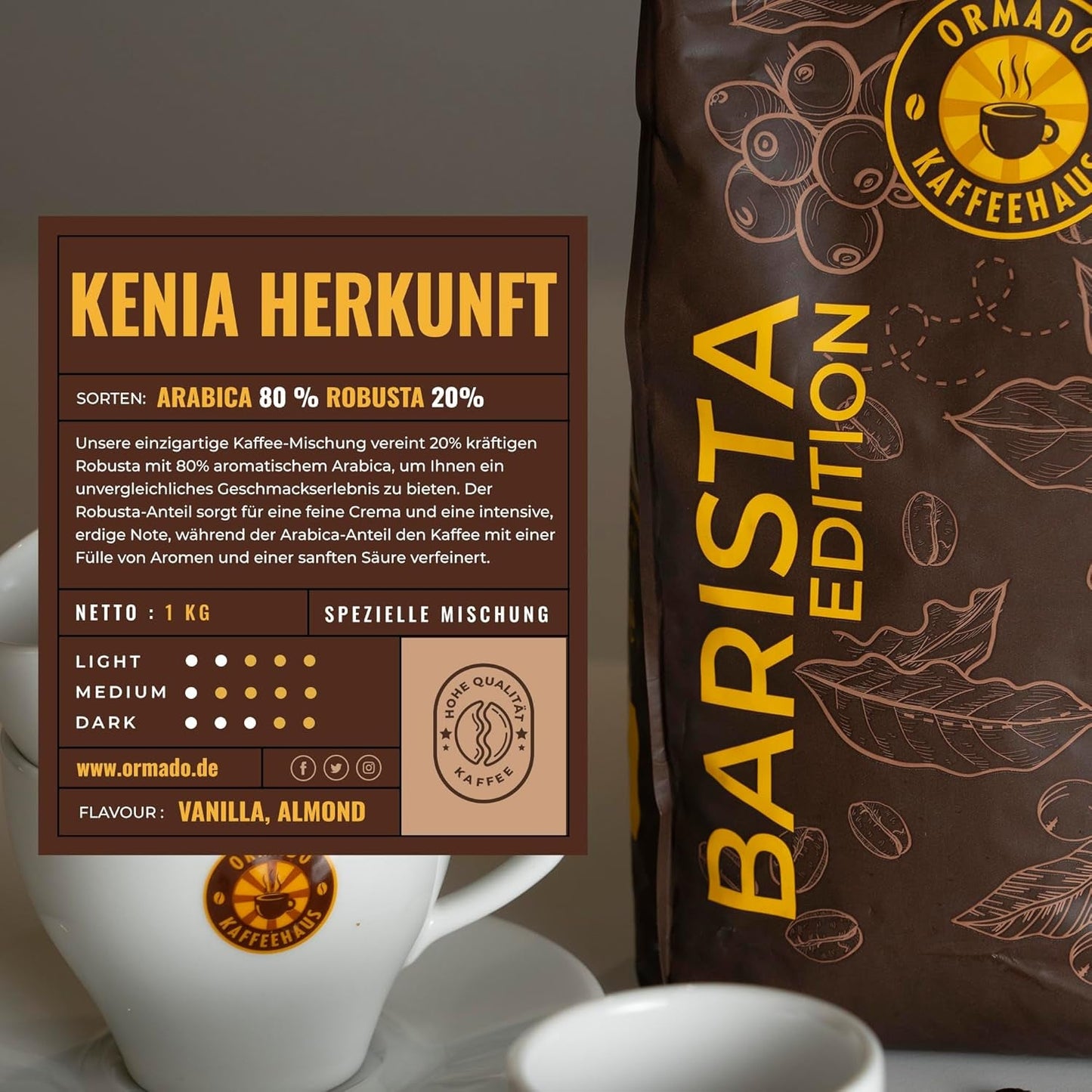 Ormado Coffee House, Capsule de cafea, boabe de cafea Kenya brevetate – amestec Arabica și Robusta, boabe de cafea întregi pentru aparate de cafea complet automate, boabe prăjite, cafea cu corp plin 1 kg, complet automată