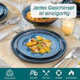 Set de veselă pentru 6 persoane, set de veselă din gresie Vancasso PLAYA, 24 de piese pentru 6 persoane, albastru, inclusiv farfurii, farfurii de sumă, boluri și farfurii de salată, potrivit pentru mașina de spălat vase și cuptorul cu microunde