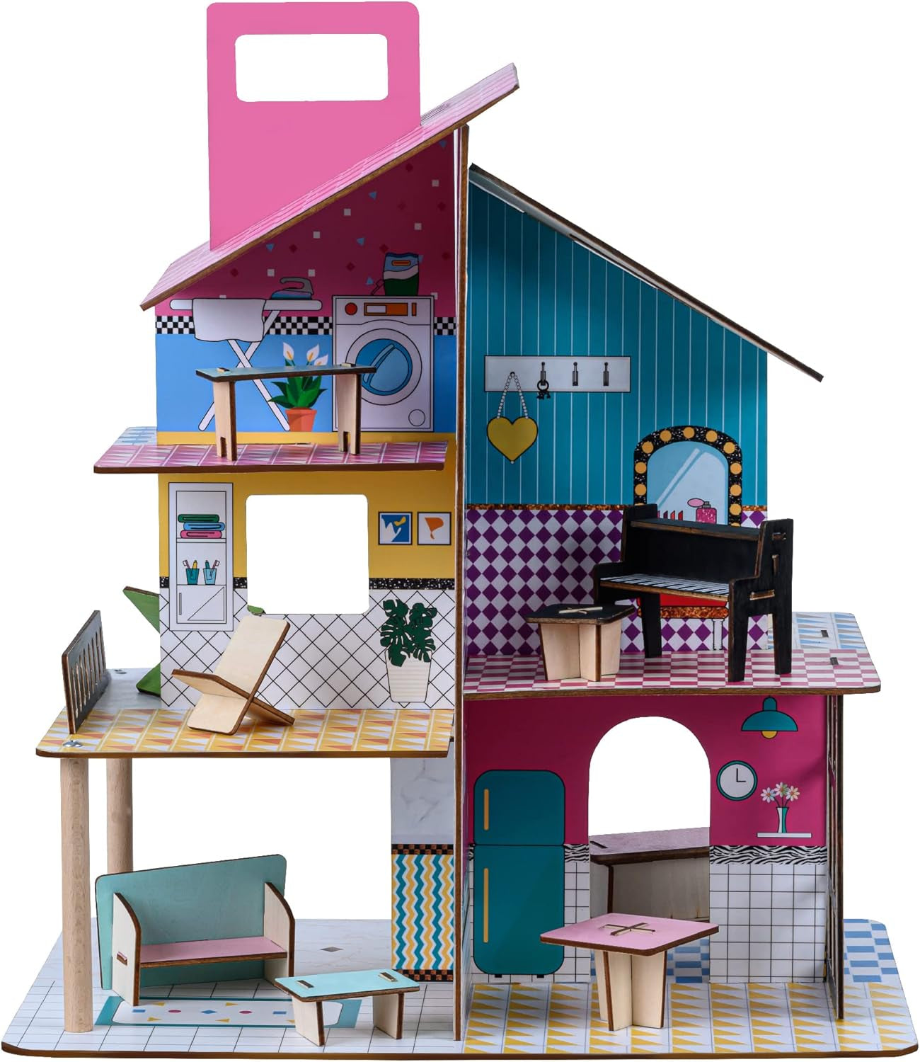 Casă de păpuși din lemn pentru copii Olivia's Little World 360, păpuși de 8,9 cm și 12 accesorii, multicoloră, TD-13260C
