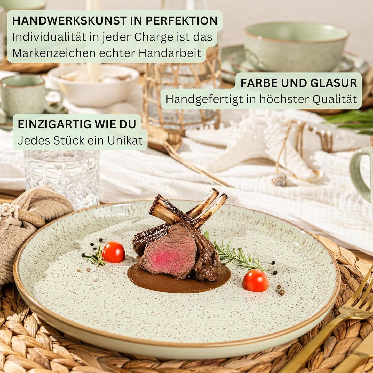 SÄNGER Rio Mint | Set de veselă din gresie pentru 6 persoane, 6 farfurii, 6 farfurii de desert, 6 boluri, verde mentă | COLECȚIA VALUE