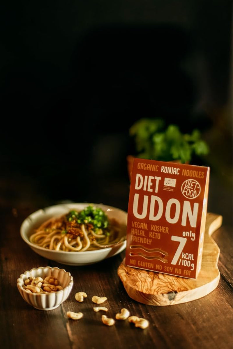 Tăiței Udon Shirataki Konjac Bio 385g – Conținut scăzut de calorii, fără gluten, vegani – preparați din rădăcină de konjac, bogați în fibre DIET-FOOD