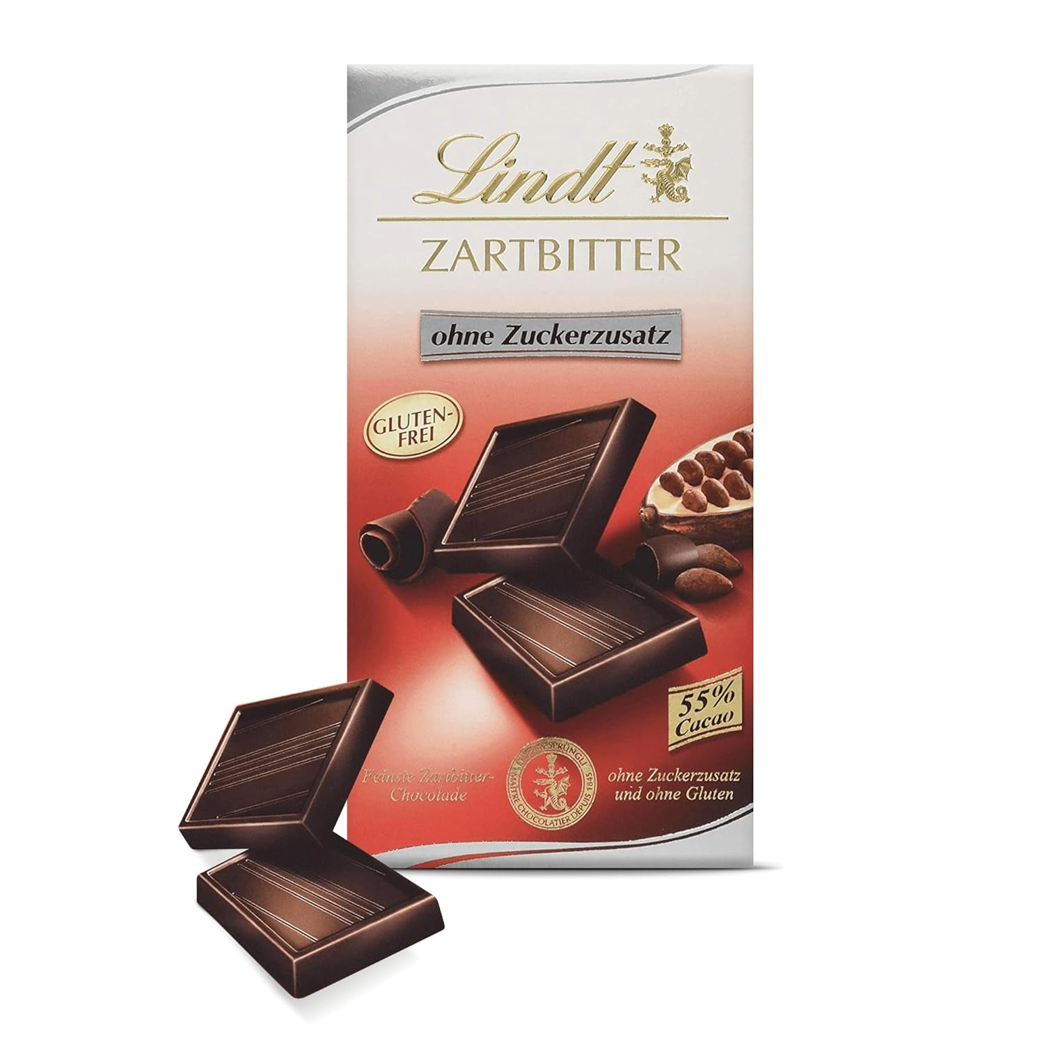 Lindt Chocolate | Baton de ciocolată neagră fără zahăr adăugat | 100g | Cea mai fină ciocolată neagră cu 55% cacao, fără zahăr adăugat și fără gluten | Baton de ciocolată fără gluten