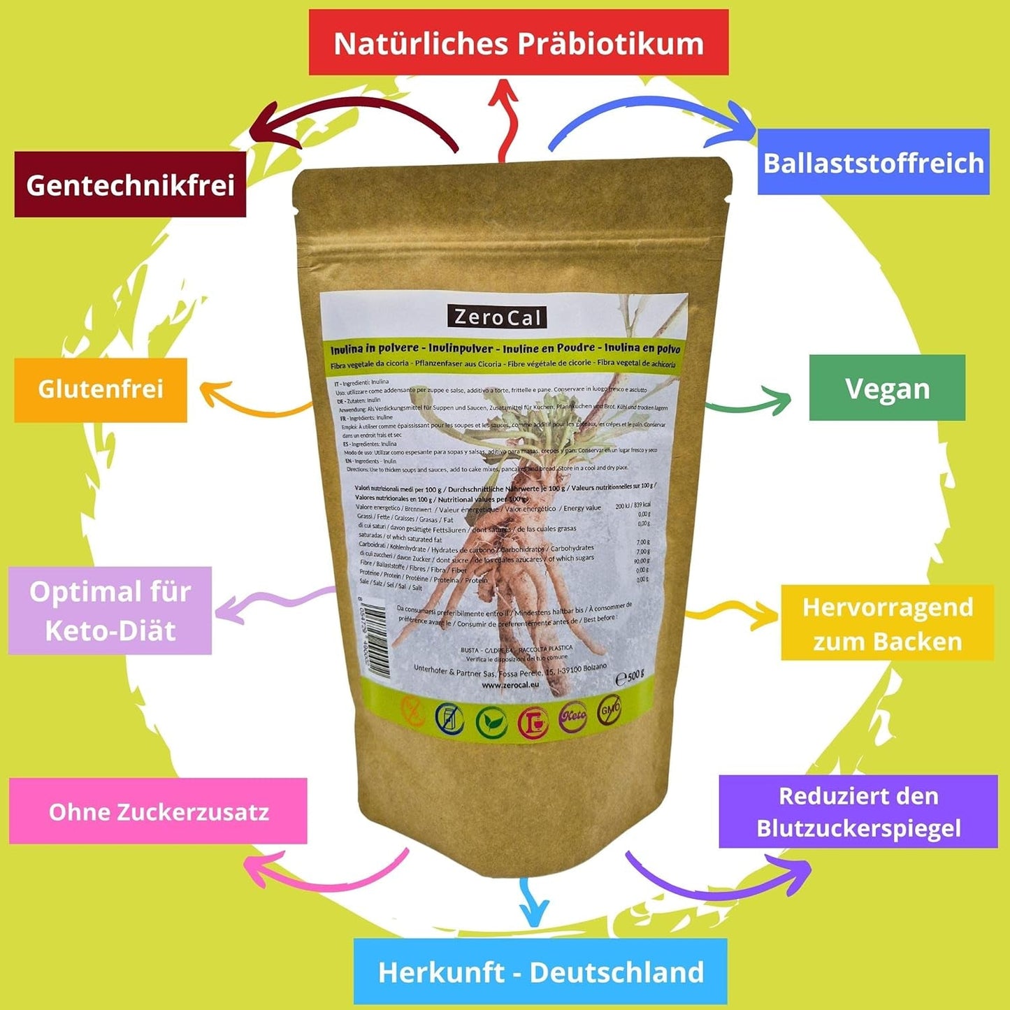 Zerocal - Inulin Pulver Aus Der Chicorée-Wurzel 500 G | Inulin Mit Hohem Ballaststoffgehalt |100% Vegan Und Glutenfrei |Herkunft Deutschland Indulcitori Naty Shop