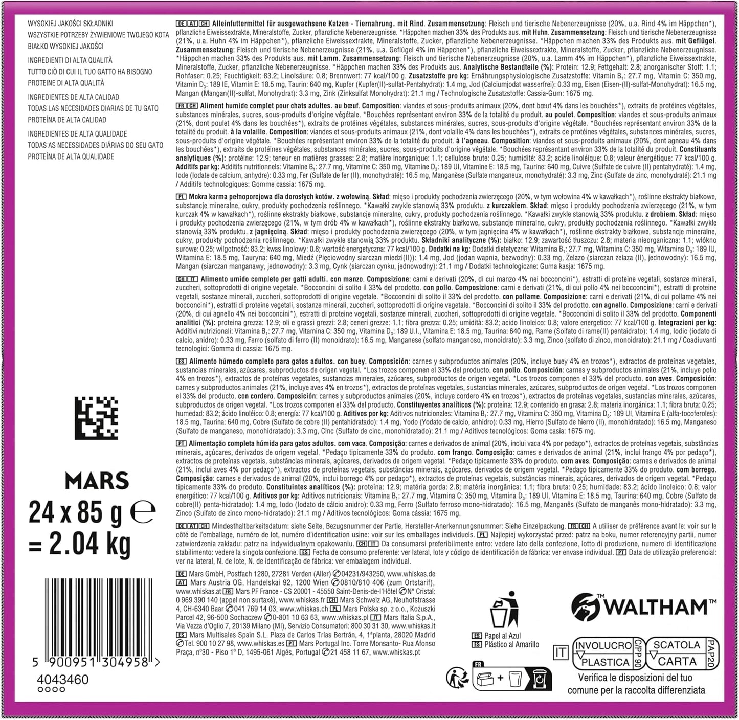 WHISKAS PURE DELIGHT Hrană umedă în jeleu 24 x 85g Ragout clasic (4 pachete) 48 pliculețe porționate