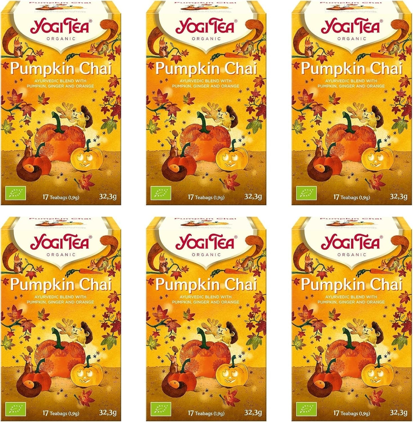 Yogi Tea - Pumpkin Chai, ceai ayurvedic organic cu mirodenii și plante, fără cofeină din natură, amestec de dovleac, ghimbir și portocală, Yogi Tea pachet de 6, 6X17 pliculețe (102 pliculețe de ceai în total)
