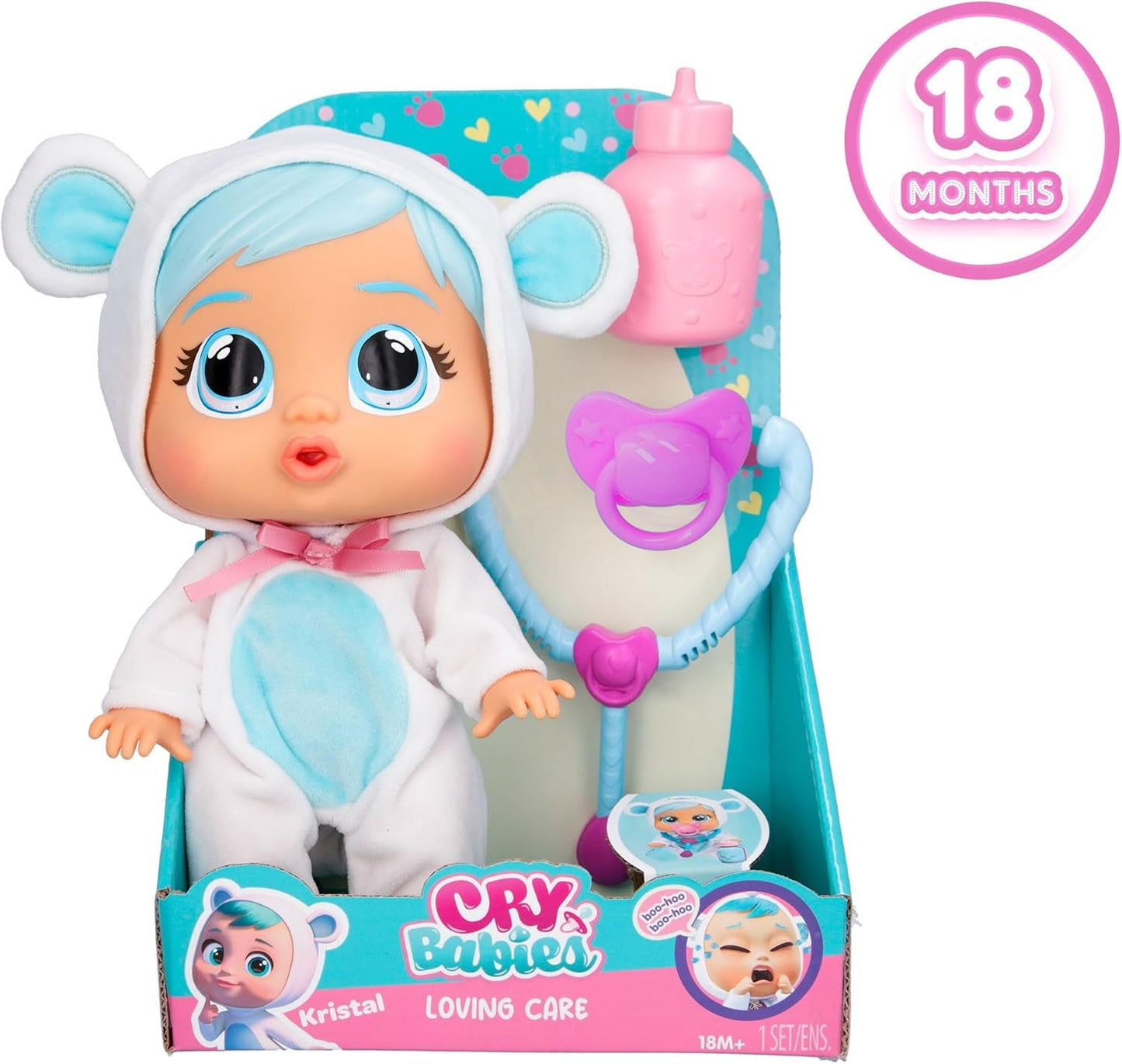 Păpușa Cry Babies Loving Care Kristal, păpușă bebelușă Kristal Loving Care cu 3 accesorii pentru joaca de-a doctorul, îngrijire și îngrijire, plânge cu lacrimi adevărate, jucărie pentru copii de la 18 luni