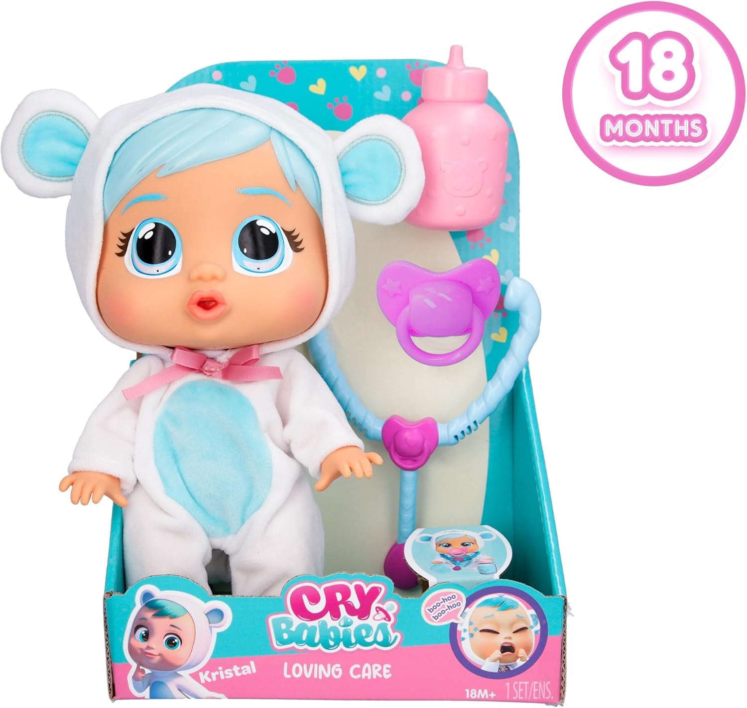 Păpușa Cry Babies Loving Care Kristal, păpușă bebelușă Kristal Loving Care cu 3 accesorii pentru joaca de-a doctorul, îngrijire și îngrijire, plânge cu lacrimi adevărate, jucărie pentru copii de la 18 luni