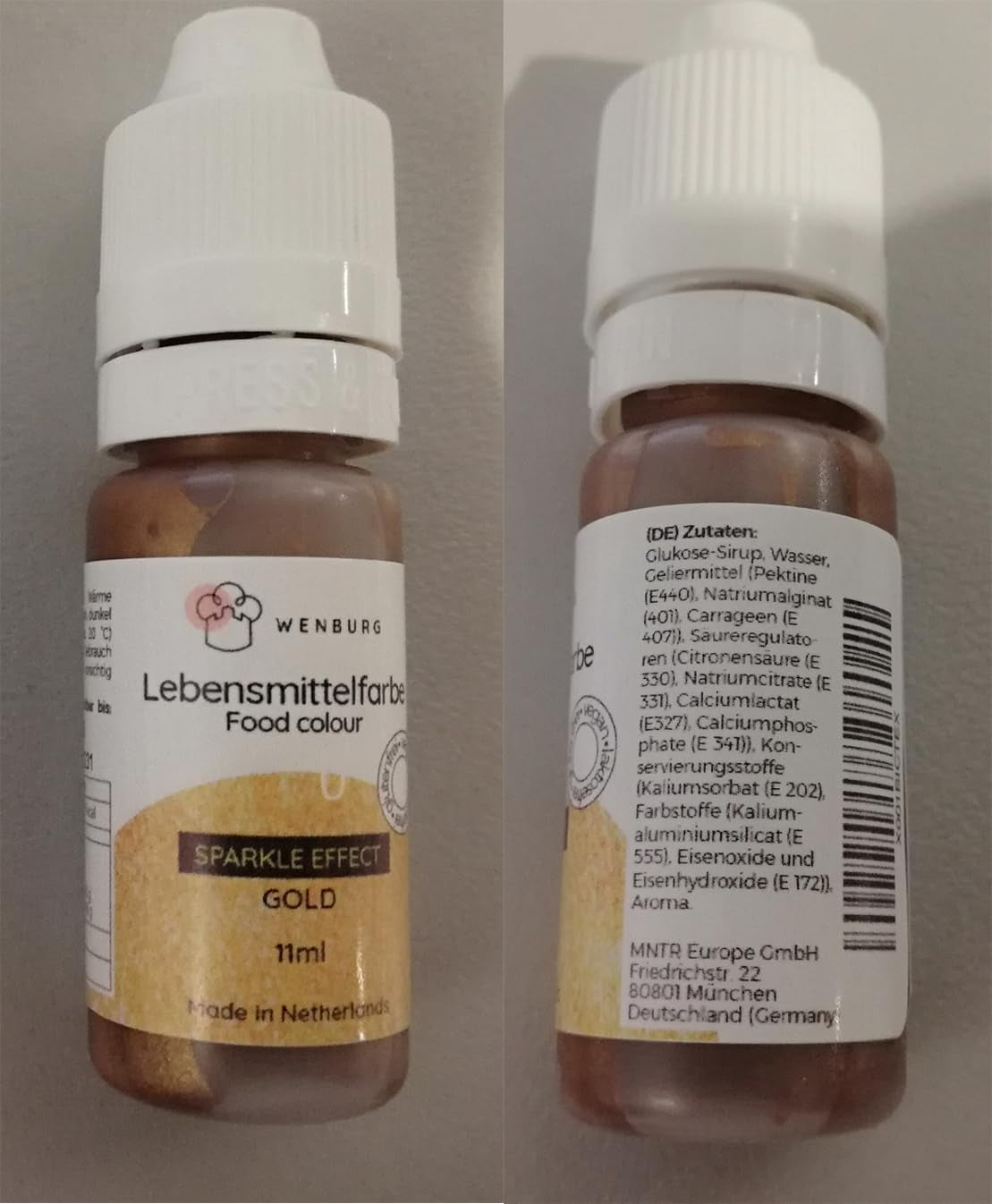 Colorant alimentar Wenburg, sclipici, 11 ml, concentrat, fabricat în UE, lichid. Pentru colorarea aluatului, băuturilor, aromelor, slime-ului - Colorant alimentar auriu cu sclipici - Colorant auriu pentru prăjituri - Sclipici auriu