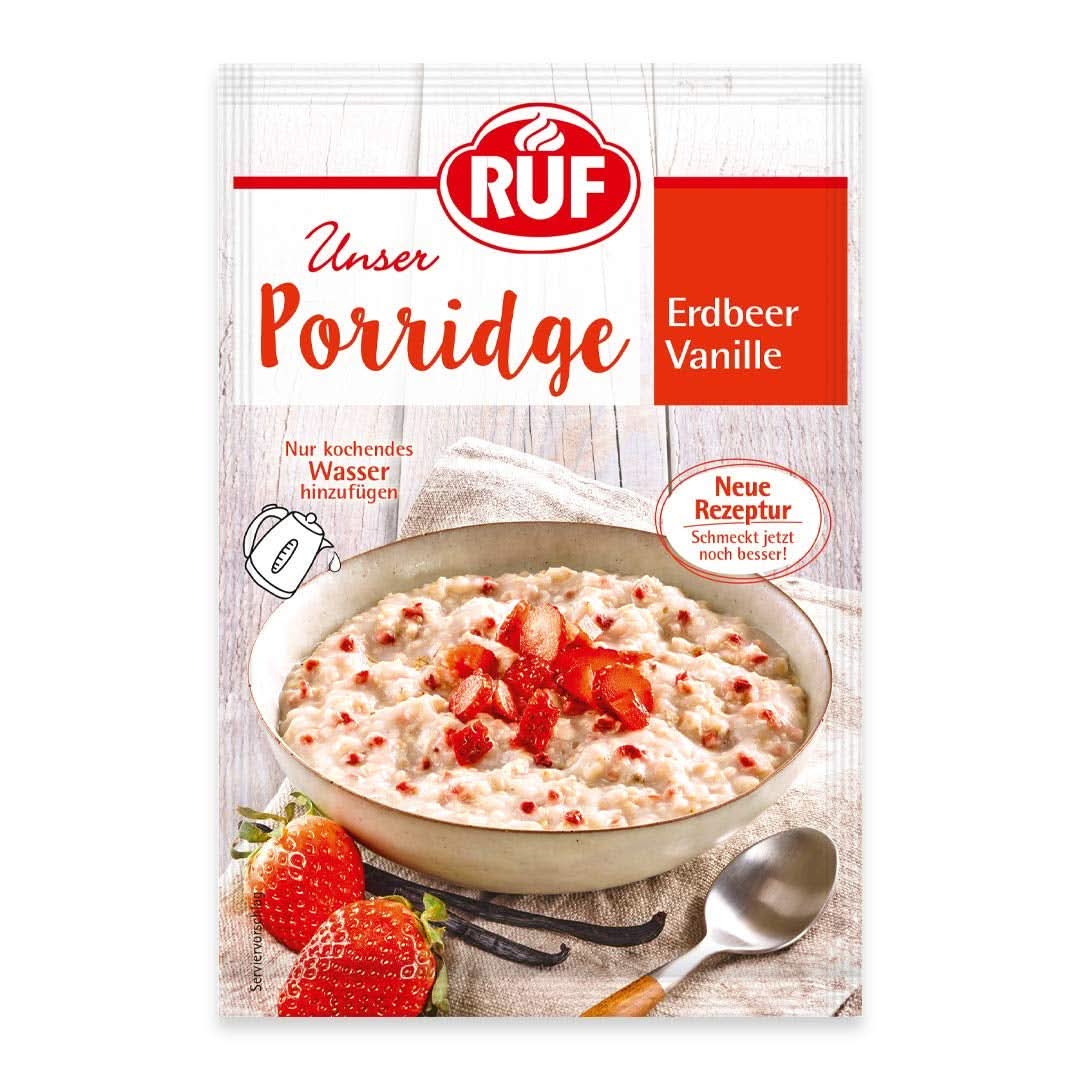 RUF Porridge Raspberry White Choc, Porridge instant cu bucăți de zmeură și ciocolată albă rasă, 65 de grame Cereale Naty Shop 65 grame Căpșuni și vanilie