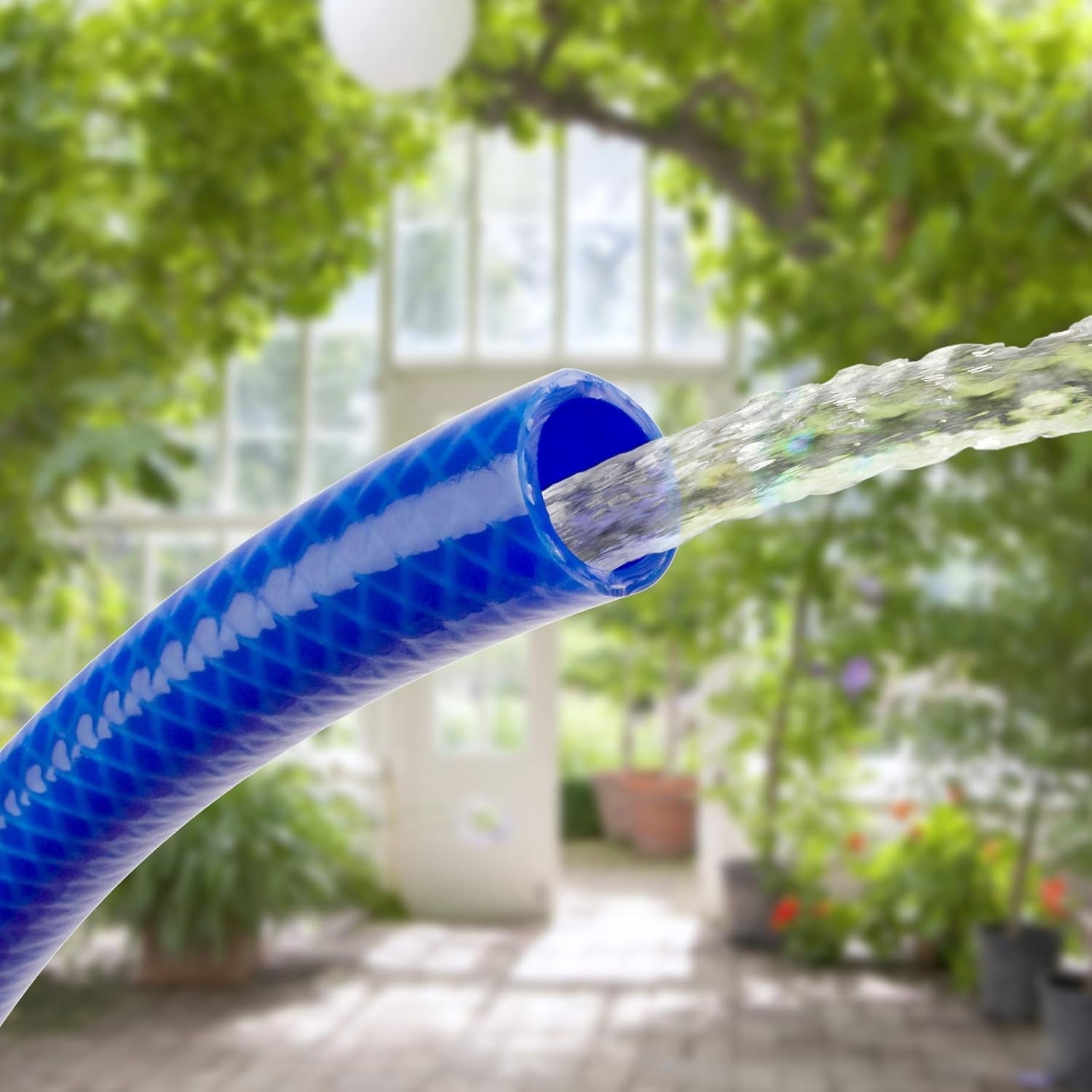 Set furtun de grădină TATAY Blue Line 25 metri Ø3/4" 19mm, 3 straturi, fabricat în Spania, rezistență 20 bar și +60°/-20°, împletit, fără cadmiu și plumb, fără BPA, anti-UV. Culoare albastru.