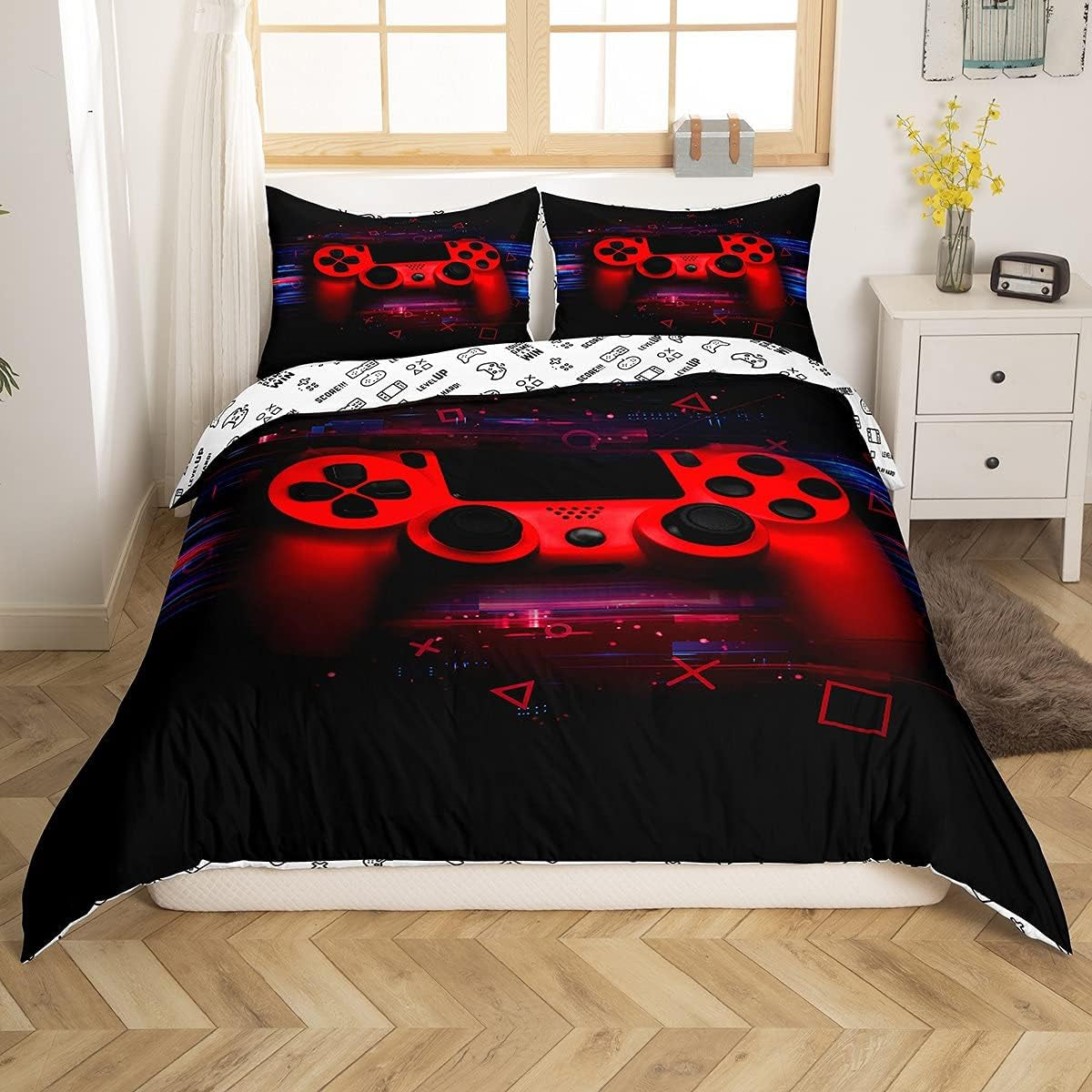 Gamer Bettwäsche Sets Für Jungen 155X220,Gaming Bettbezug Kinder Teens Männer Videospiel Zimmer Dekor Reversible Gaming Tröster Abdeckung Grün Retro Game Controller Bettbezug Weicher Luxus 2 Stücke