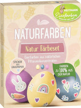 Set de vopsire naturală Heitmann Egg Dye, 3 pudre de colorare pe bază de ou (galben, violet, gri-albastru), foaie de autocolante din hârtie cu iarbă
