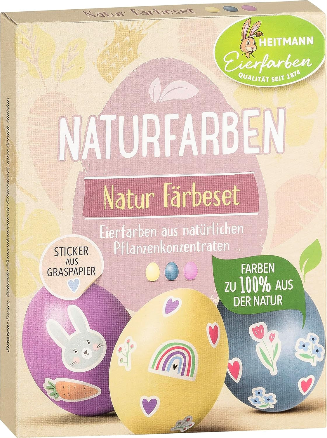 Set de vopsire naturală Heitmann Egg Dye, 3 pudre de colorare pe bază de ou (galben, violet, gri-albastru), foaie de autocolante din hârtie cu iarbă