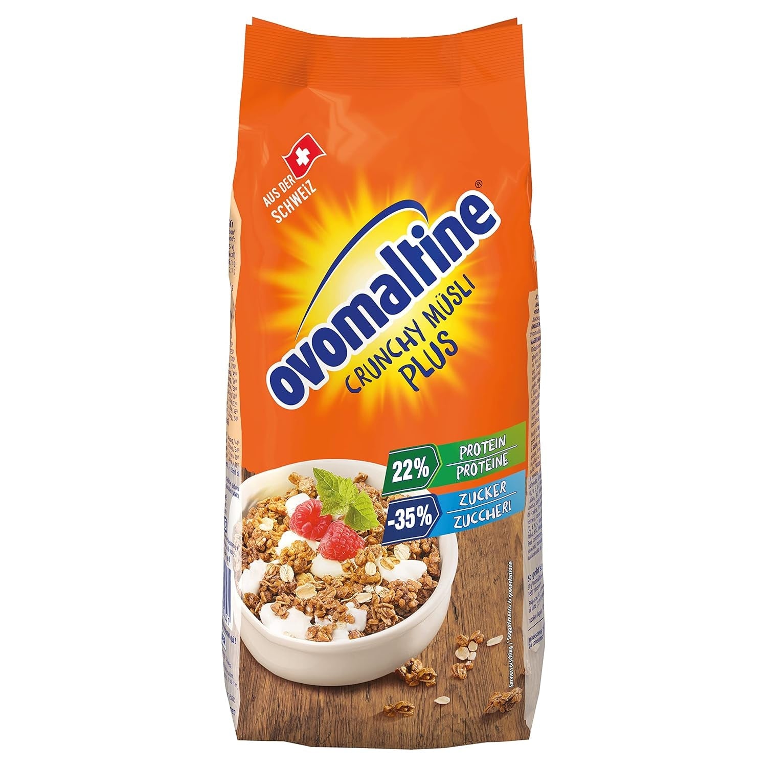 Ovomaltine Crunchy Protein Muesli Plus - Mix crocant de cereale cu fulgi de ovăz, care conține 22% proteine, cu o treime mai puțin zahăr și o crocanță incomparabilă (1 x 300g)