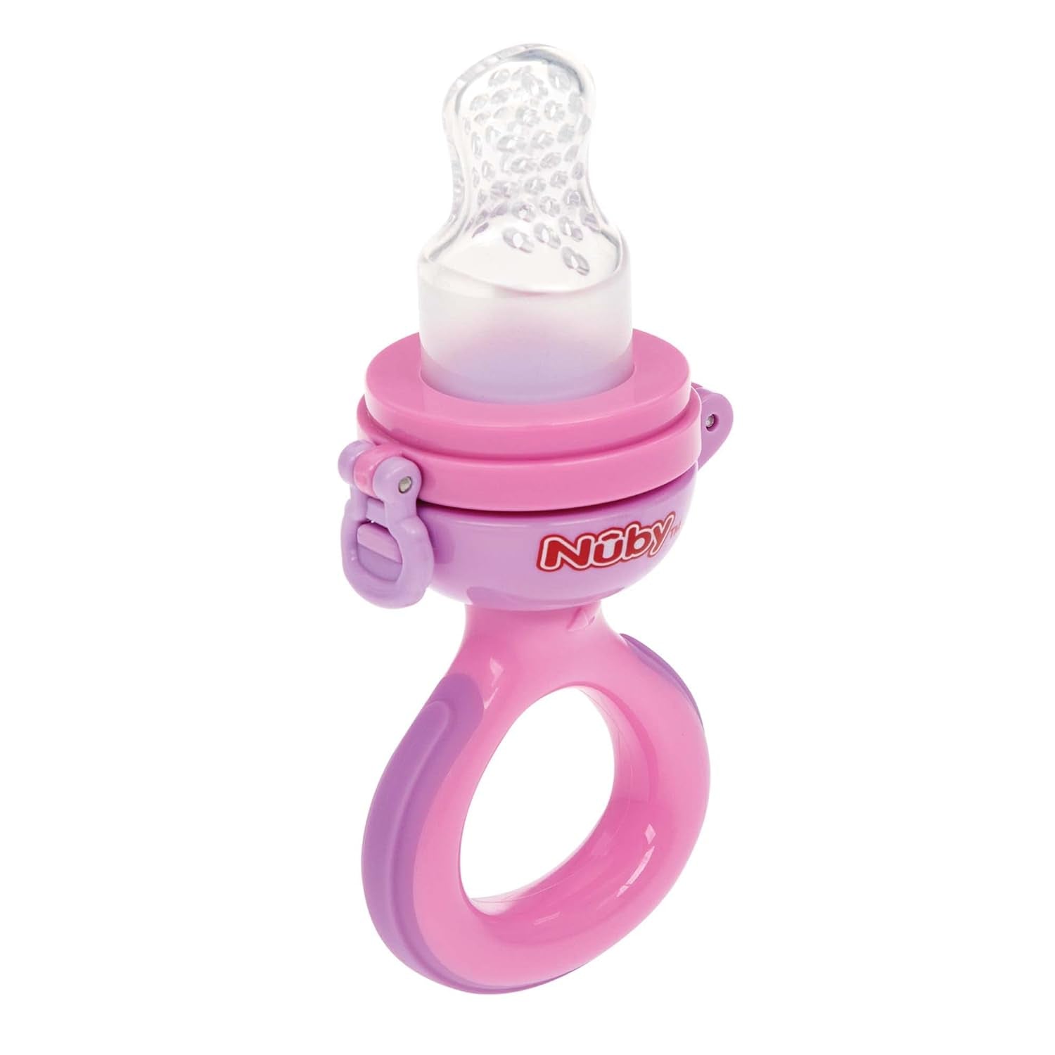 Nuby - Hrănitoare de fructe din silicon Nibbler - Hrănitoare de fructe pentru bebeluși de 6 luni și copii mici - Inel de dentiție pentru fructe, legume și piure - Fără BPA - Roz - 6+ luni