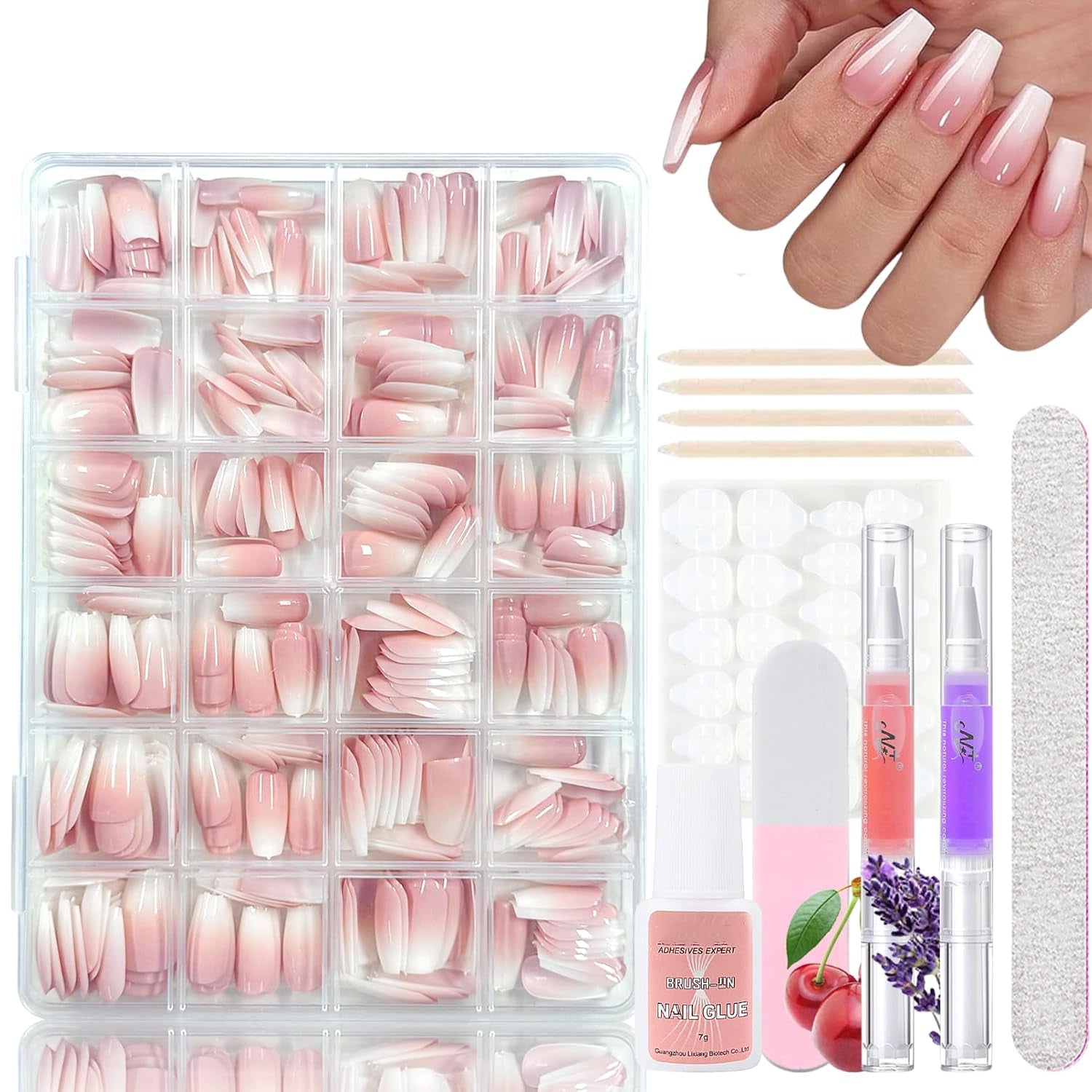 Set 360 de bucăți de unghii false cu balerină în gradient, unghii artificiale cu gradient roz și alb pentru lipire cu 2 bucăți de stilouri cu ulei pentru unghii, unghii false medii ombre pentru femei DIY