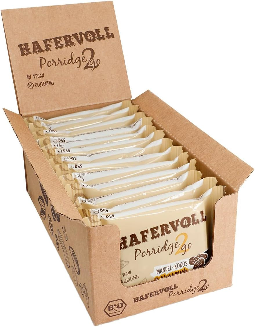 Hafervoll Porridge2go Unt de alune și nuci, 13 batoane x 55g - Vegan, Organic, Fără gluten, Gustare fără zahăr adăugat, cu ovăz, curmale și bomboane de quinoa