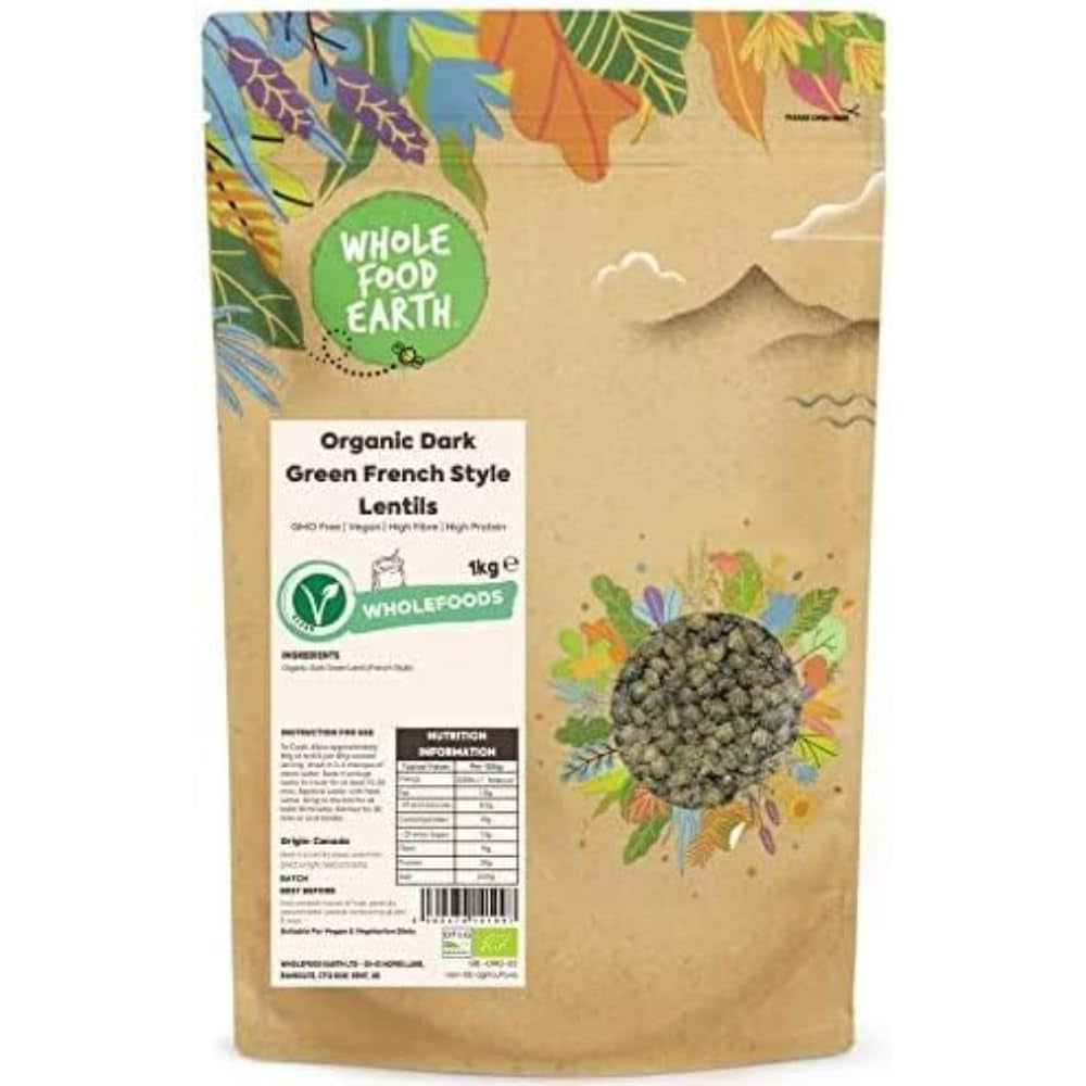 Linte verde închis în stil franțuzesc Wholefood Earth Organic 1kg Fără OMG | Vegan | Bogat în fibre | Bogat în proteine | Certificat organic