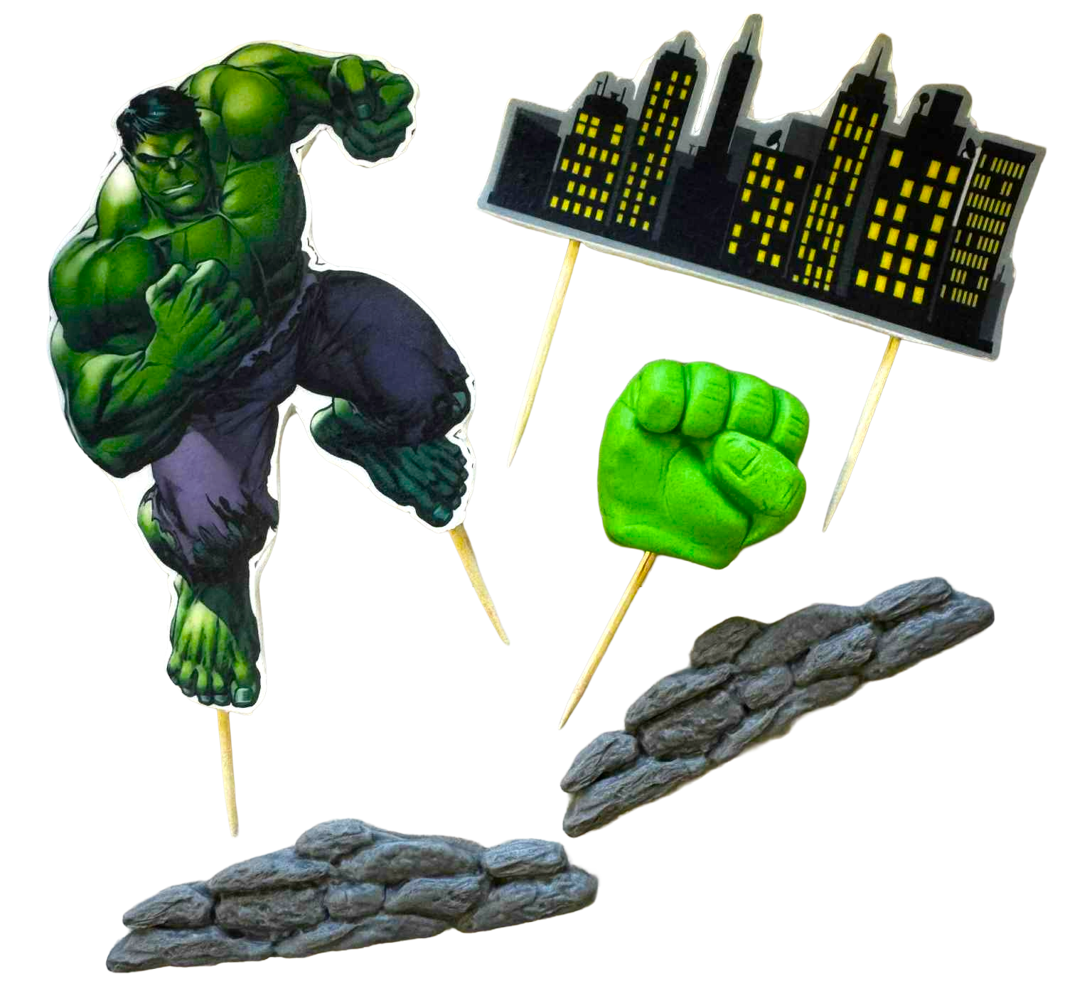 Hulk Decoratiuni Comestibile - Set De 5 Din Pasta De Zahar Dimensiuni Intre 2,5 Si 11 Cm