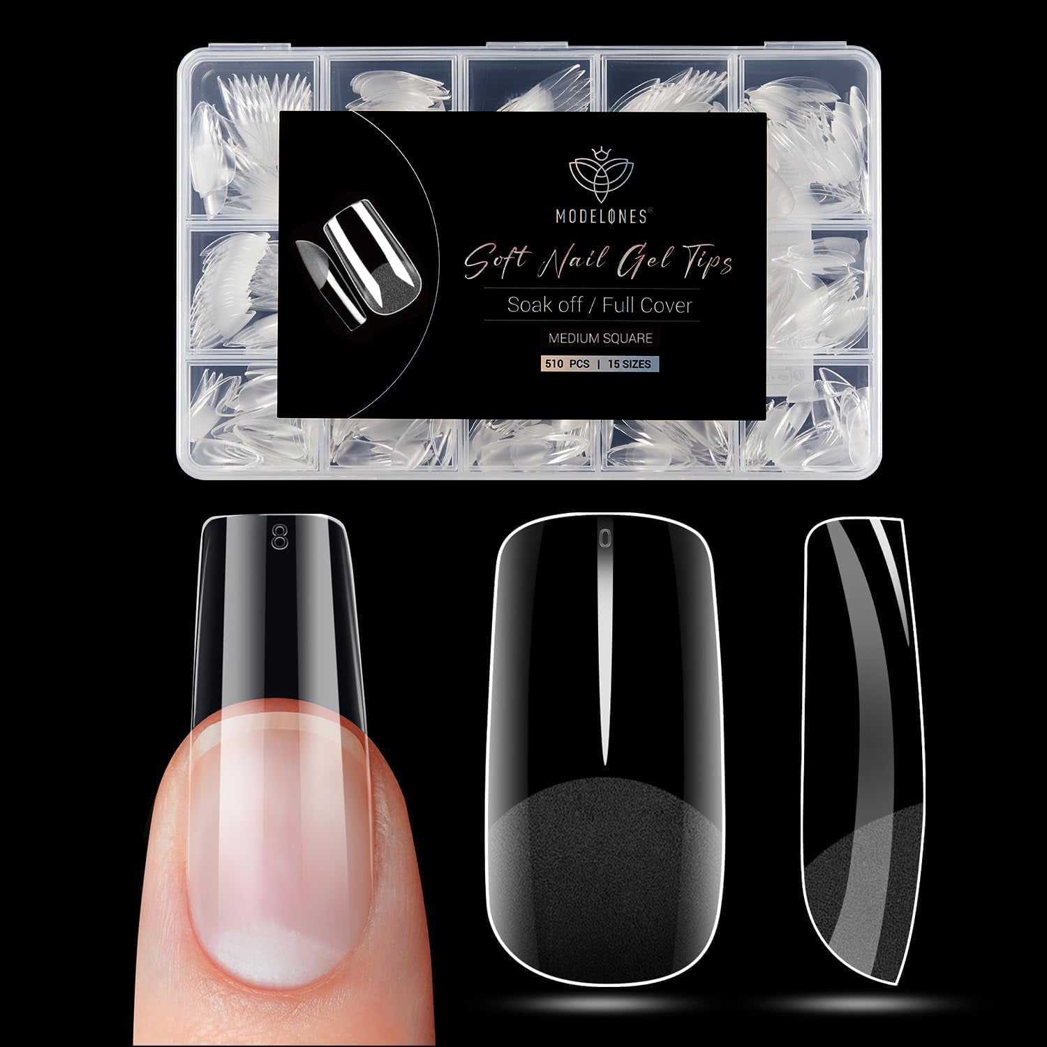 Modelones Tips Unghii 510 Piese - Set Tips Unghii Acoperire Completă, Set Tips Gel, Tips Unghii Rășină PMMA Pre-Lustruire, Unghii Artificiale pentru Lipire pe Nail Art DIY, Squoval Scurt