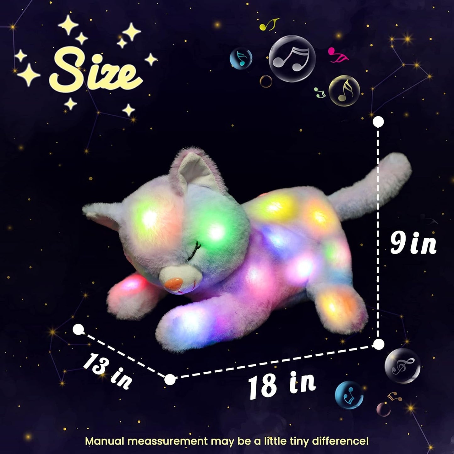 Pisică de pluș muzicală cu LED, jucărie cântătoare luminoasă, Mama Pisică cu 3 pisoi în burtă, cântec de leagăn animat, jucărie liniștitoare pentru mame, copii, fete mici, curcubeu, 45 cm