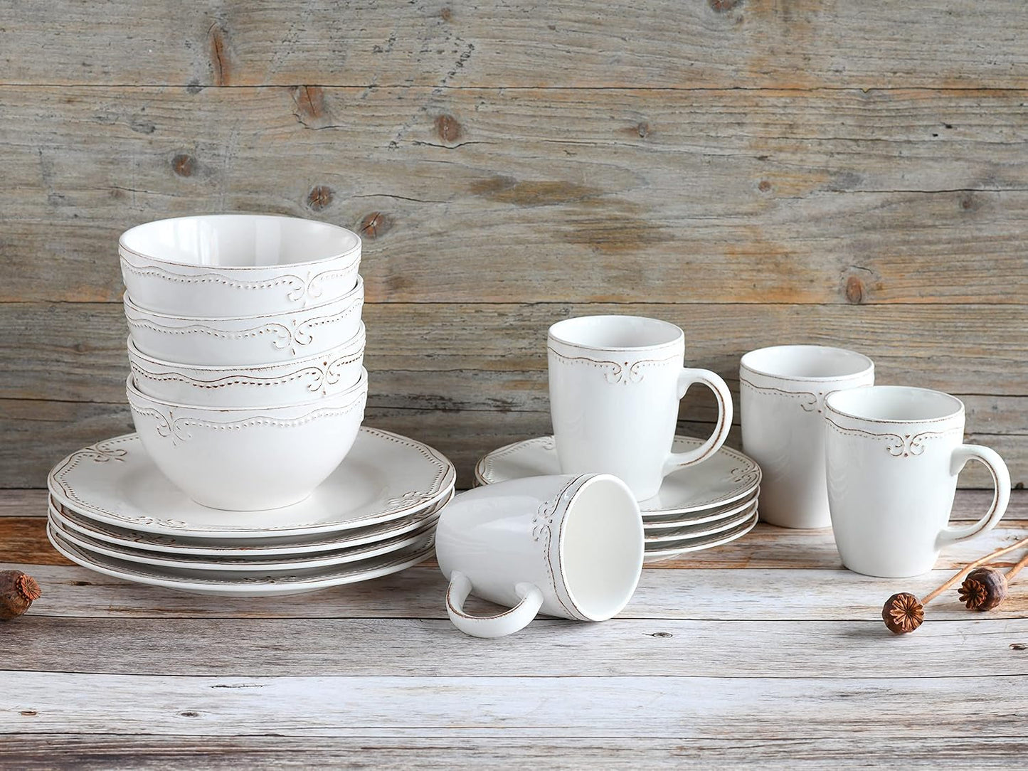 CreaTable, 23601, seria Romantic Vintage, set de veselă cu 16 piese pentru 4 persoane, serviciu combinat din gresie, potrivit pentru mașina de spălat vase și cuptorul cu microunde, producție de calitate