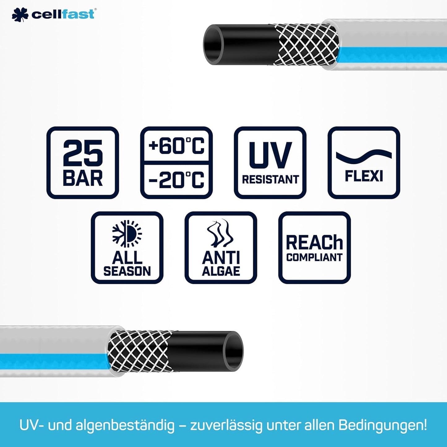 Furtun de grădină CELLFAST, furtun de apă cu 3 straturi pentru grădină, armare durabilă cu fire, furtun flexibil pentru irigații, rezistent la UV, anti-alge, 3,4 inch, lungime 20 metri