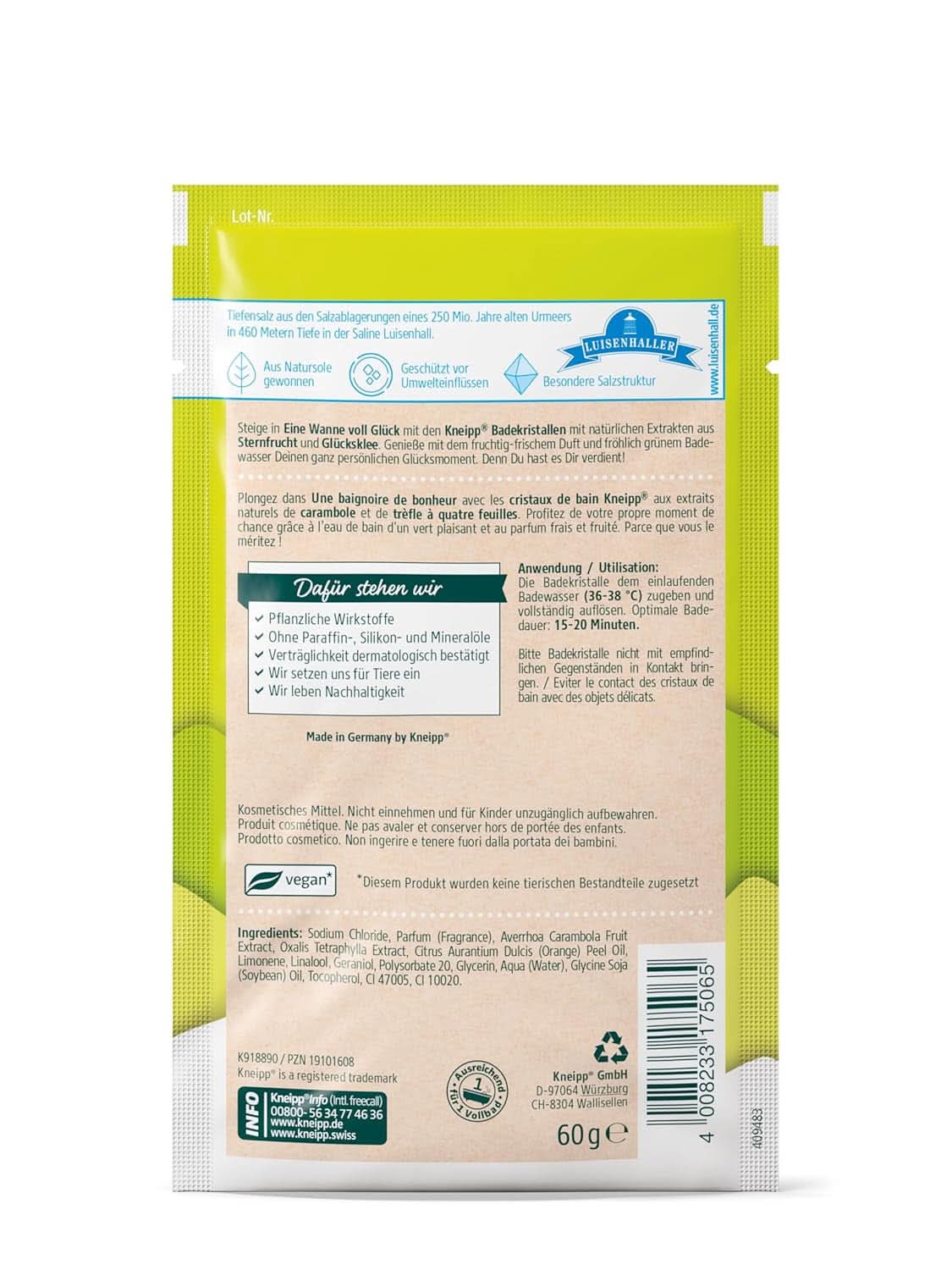 Kneipp, cristale de baie, cu extracte naturale din fructe de stea și trifoi norocos, cu o proporție mare de sare Luisenhaller, 60 grame Duș și baie Naty Shop