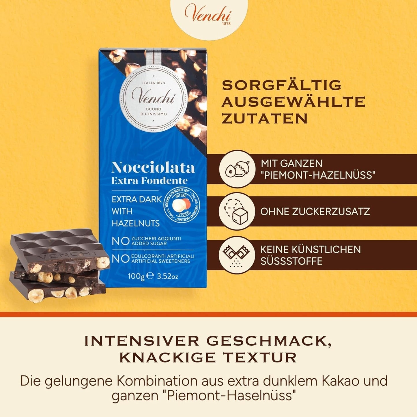 Venchi – Pachet de 6 batoane de ciocolată neagră cu alune de pădure, 600g – Fără zahăr adăugat – Fără îndulcitori artificiali – Fără gluten – Vegan – Idee de cadou
