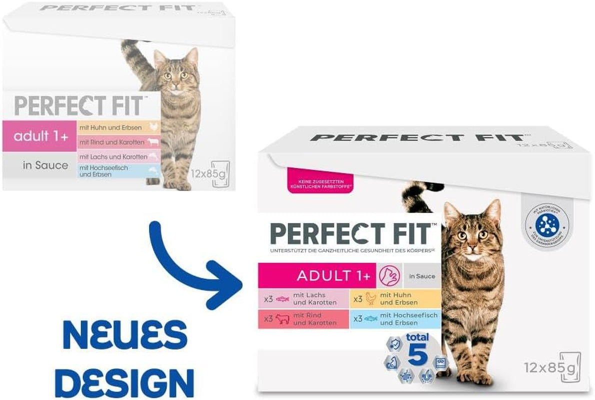 Selecție de hrană umedă Perfect Fit Adult 1+ cu somon, pește de adâncime, vită și pui, 48 de pliculețe, 12x85g (pachet de 4) – Hrană umedă premium pentru pisici adulte de la vârsta de 1 an
