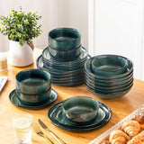 Set de veselă modern pentru 6 persoane, set de veselă din gresie Vancasso STARRY cu 24 de piese, set combinat verde, serviciu de cină pentru 6 persoane, inclusiv farfurii de cină, farfurii de desert, farfurii de supă și boluri pentru cereale