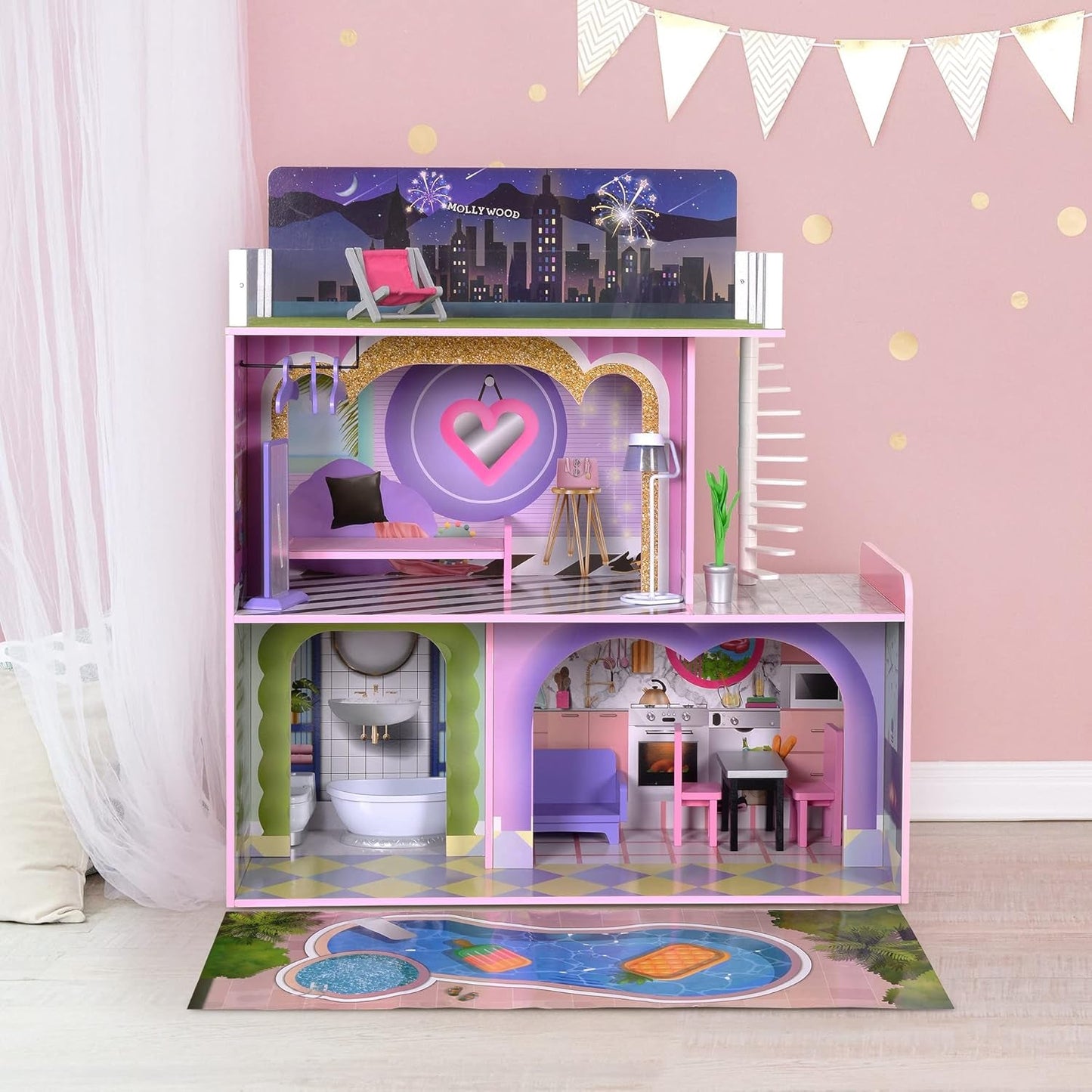 Olivia's Little World Big Dreamland Sunset Contemporary, Casă de păpuși interactivă din lemn pentru copii, 3 etaje, cu 16 accesorii pentru mobilier de păpuși, multicoloră, TD-13616A