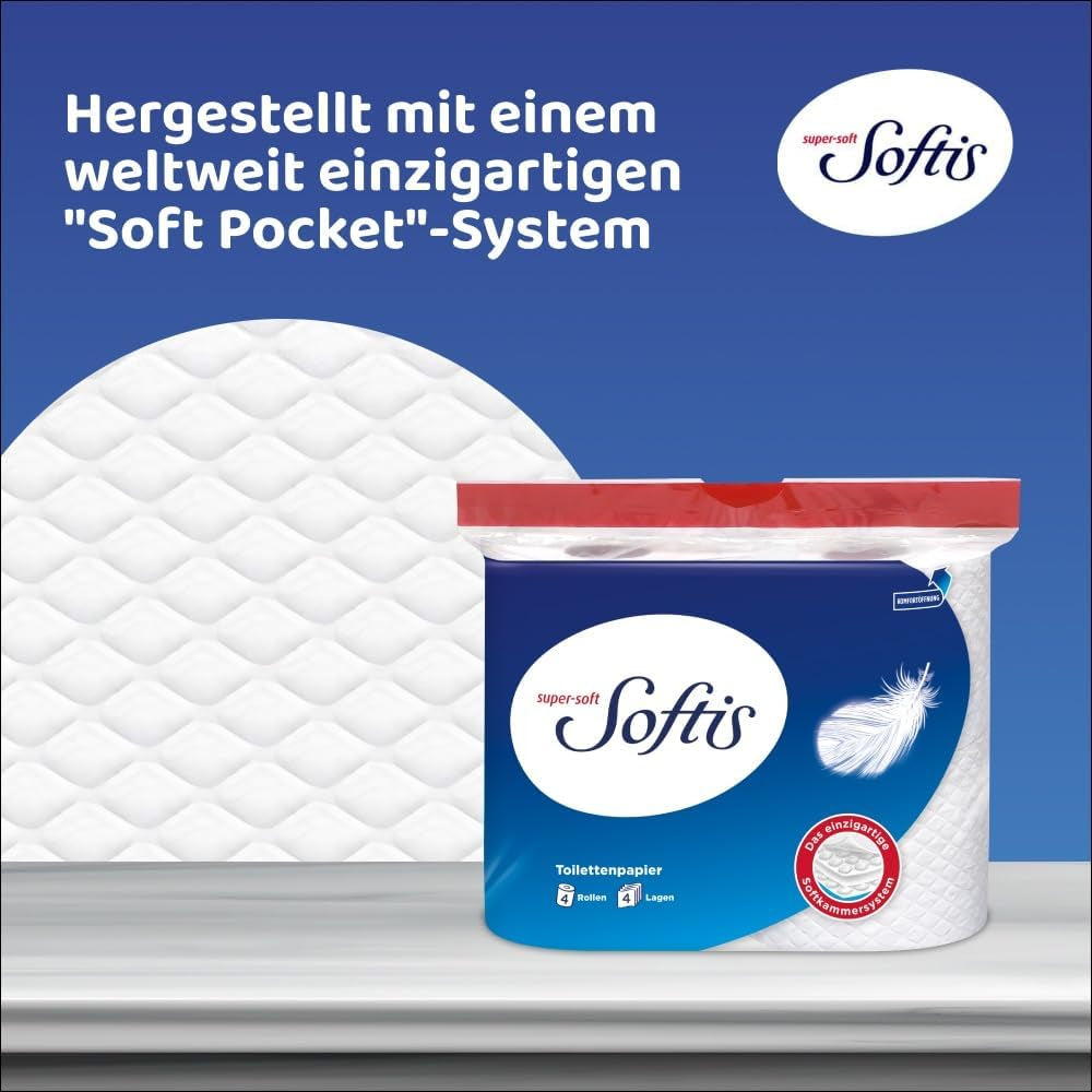 Hârtie igienică Softis cu 4 straturi - pachet de 45 de role (5 X 9 pachete simple), 100 de coli per rolă, Sistem unic de cameră moale, Ambalaj reciclabil, Hârtie certificată Fsc