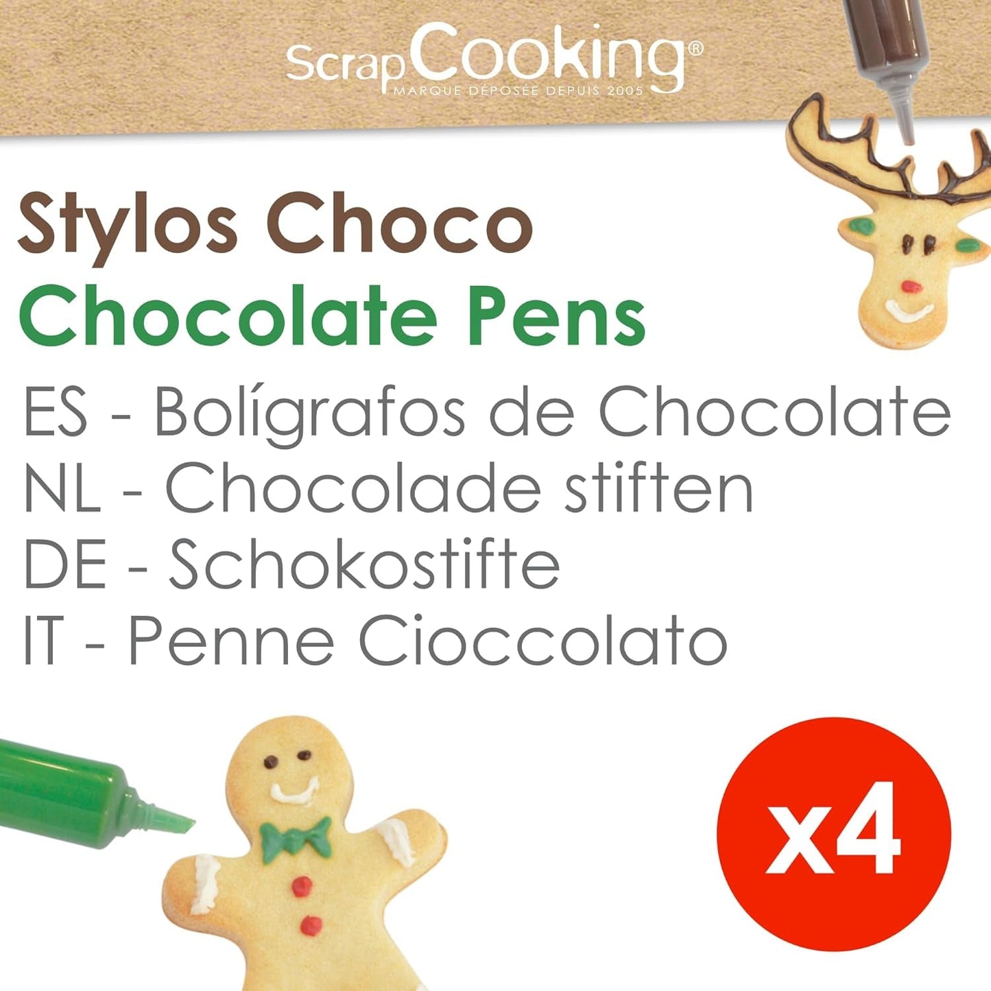 Scrapcooking - Set de 4 creioane colorate de ciocolată de Crăciun - Maro, Alb, Verde și Roșu - Colorant comestibil - Colorant alimentar pentru scris - Scrie și desenează pe deserturi, prăjituri și fursecuri - 7060