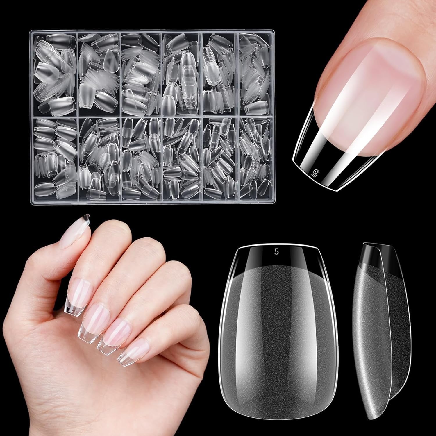 Unghii artificiale scurte, 500 bucăți gel moale acoperire completă vârfuri de unghii pentru unghii cu gel 12 mărimi vârfuri de unghii pre-lustruite pentru unghii cu gel, unghii artificiale scurte sicriu pentru extensii de unghii cu cutie