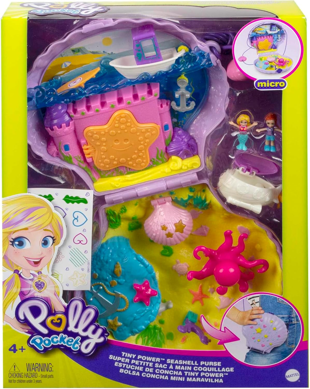 Cutie de depozitare Polly Pocket, geantă cu scoici și temă subacvatică, cu 2 păpuși și 1 submarin, jucărie sirenă Polly Pocket, jucărie pentru vârste de 4 ani și peste, GNH11