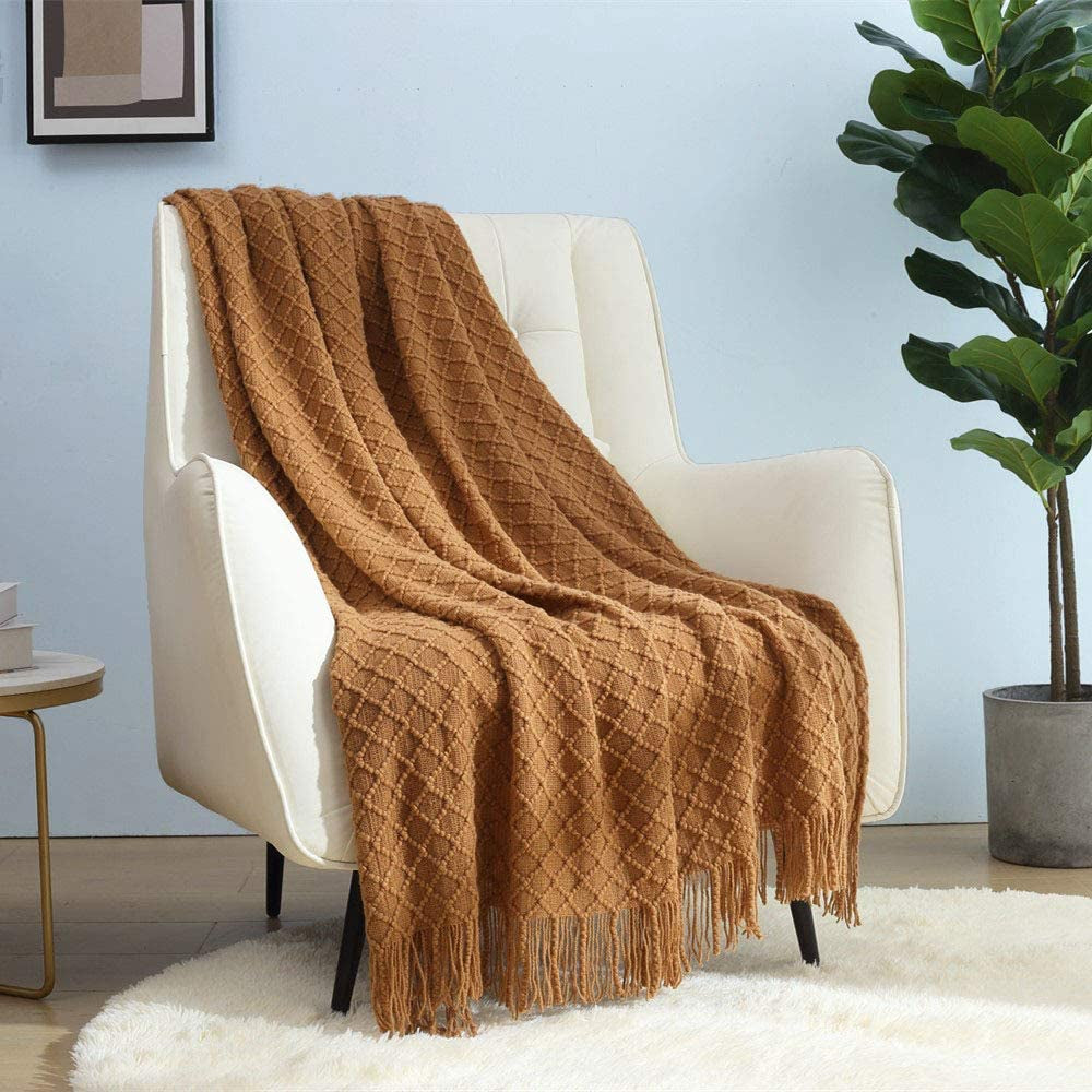 CREVENT Pătură tricotată din rugină pentru canapea, canapea, scaun, pat, decorațiuni interioare, moale, caldă, confortabilă, ușoară, pentru primăvară, vară, toamnă (127,8 X 152,4 cm Caramel / maro / portocaliu ars) Paturi si Cuverturi CREVENT Maro