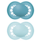 Suzete MAM Original, pachet de 2, suzete pentru bebeluși prietenoase cu dinții, fabricate din materiale sustenabile și bioregenerabile, tetine din silicon MAM SkinSoft, cu cutie pentru suzetă, 6-16 luni, albastru/albastru deschis